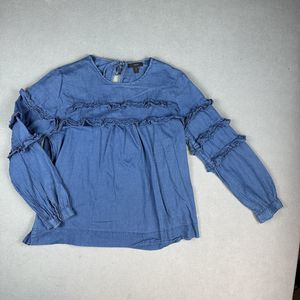 J Crew Top Shirt Womens Size 12 L Lightweight Chambray Tiered Ruffled Blouse